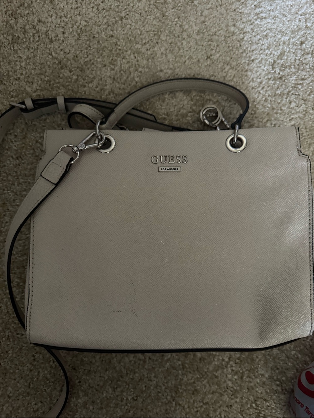 GUESS Cream Tote with Detachable Strap and Silver Hardware